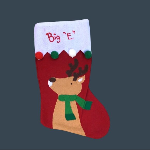 RED/WHITE RAINDEER CHRISTMAS STOCKING "BIG E" EMBELLISHED ON TOP SIZE-16" - Picture 1 of 4